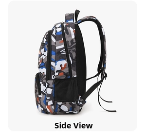 Detail view of multi-compartment camouflage backpack with side mesh pockets and durable straps