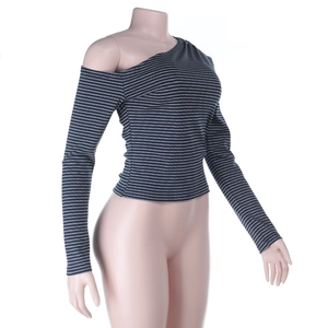 Detail view of the one-shoulder blue and white striped long sleeve slim fit top
