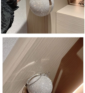 Close-up of a silver spherical evening bag with rhinestones and metal ring handle