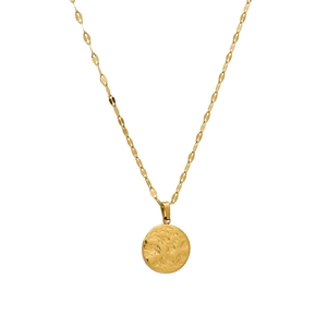French style gold plated stainless steel necklace with hammered round pendant on white background