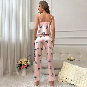 Pink silk floral pajama set with butterfly print and tank top with long pants for women