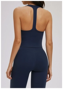 Racerback sports bra and high-waisted leggings set in navy blue with matte fabric