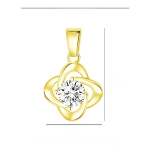 Detailed view of gold clover pendant with cubic zirconia inlay and precise dimensions