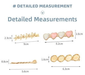 Detailed size specifications for flower and heart shaped hair clips with measurements