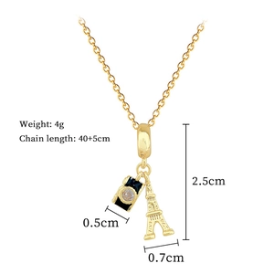 Detail of camera and Eiffel Tower pendants with 4g weight and 40+5cm chain length specs