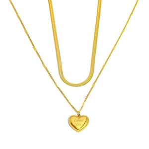 Double-layered gold necklace with heart pendant and snake chain featuring Love You engraving