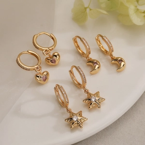 Fashion Heart Star Moon Pendant Earrings Copper Gold Plated With Cubic Zirconia For Women Exquisite Commute Style Jewelry
