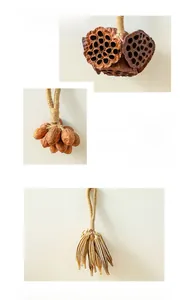 Detail of assorted natural dried lotus and pine cone hanging ornaments with jute rope cord