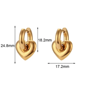 Polished 18K gold plated stainless steel heart earrings showing 24.8mm total height
