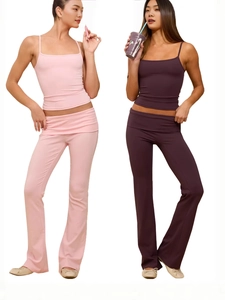 Canotta Senza Maniche E Pantaloni A Zampa Da Donna Fibra Sintetica Elastan Vita Alta Risvolto Yoga Sportivo Casual