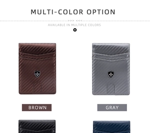 Brown and gray men's wallets featuring carbon fiber texture and metallic logo details