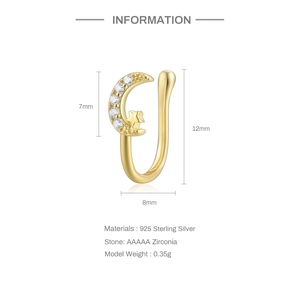 Detailed view of S925 sterling silver gold moon and star ear cuff with AAAAA zircon