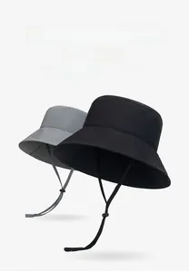 Detail of adjustable chin strap and stitching on quick-dry outdoor bucket hats