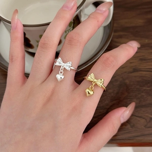 925 Sterling Silver Bow Heart Ring Adjustable Open Finger Jewelry For Women Korean Ins Style Sweet Minimalist