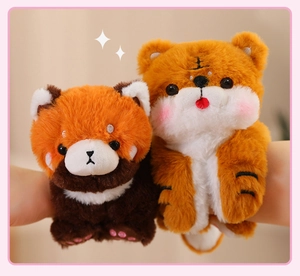 Detail showing cute plush animal slap bracelets wrapped around a child's wrist