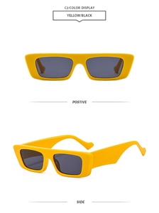 Detailed views of retro square sunglasses with thick yellow frames and black lenses