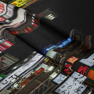 Detailed close-up of woven fabric texture with vibrant Japanese street scene print
