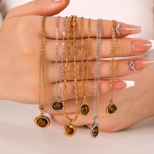 Vintage Stainless Steel Necklace With Tiger Eye Stone Pendant Gold Plated Geometric Clavicle Chain For Women