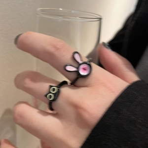 Cute black cat and rabbit open rings with pink and green enamel details for women
