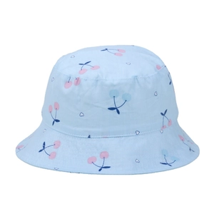 Cute light blue baby sun hat with cherry pattern and pink hearts made of cotton fabric