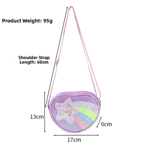 Detailed size chart for glitter star girls' shoulder bag with dimensions and strap length