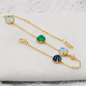 French vintage S925 silver 14k gold plated bracelet with green chalcedony and white shell