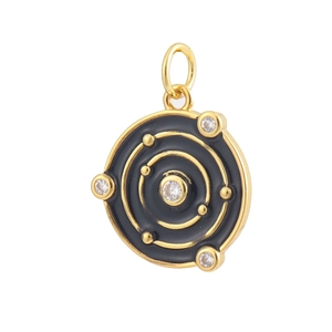 Detail of 18K gold-plated round evil eye charm with black enamel and zircon stones