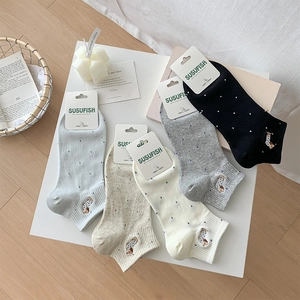 Women Cute Cotton Socks Dog Embroidery Polka Dot Pattern Breathable Sweat Absorbent Short Ankle Hosiery Korean Style