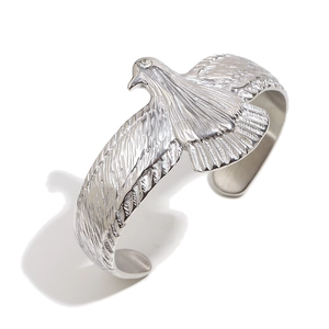 Silver eagle cuff bracelet in stainless steel with detailed feather texture engraving