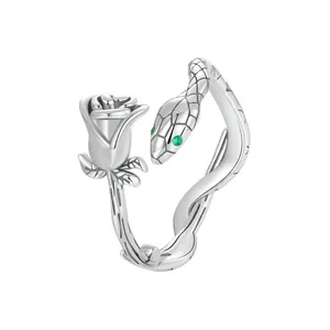 Elegant S925 sterling silver snake and rose open ring with green gemstone eyes