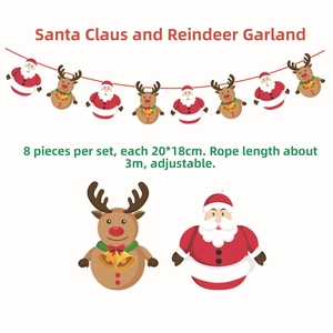 Detail of 8-piece Santa Claus and reindeer Christmas banners, 20x18cm each with 3m rope