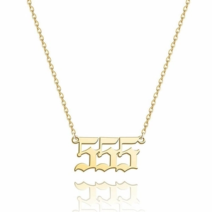 Detail of 14K gold plated necklace featuring lucky number 555 pendant on fine link chain