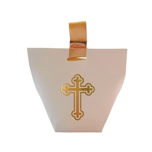 Elegant white paper gift box with gold cross and ribbon for wedding or baptism party