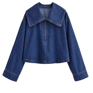 Giacca di jeans blu scuro da donna con grandi revers e cerniera frontale a quarto