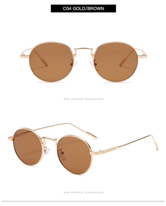 Detailed front and side view of vintage round gold metal sunglasses with brown lenses