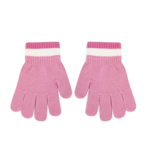 Detailansicht der rosa gestrickten Fünffingerhandschuhe mit Streifenbündchen für Kinder