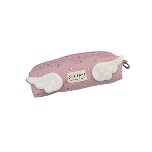 Pink star pattern pencil case with plush angel wings and large capacity storage