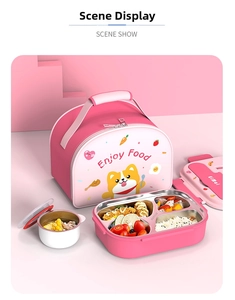 Pink lunch box set with 316 stainless steel compartments and cartoon insulated bag