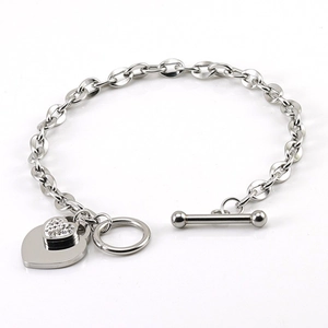Silver stainless steel heart bracelet with white rhinestones and unique OT toggle clasp