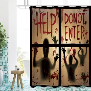 Detail of Halloween shower curtain with red bloody handprints and scary silhouettes