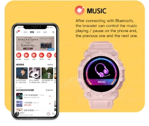 Montre connectée rose affichant le contrôle de la musique via connexion Bluetooth
