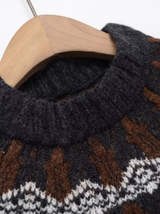 Dettaglio ravvicinato del girocollo a costine e della maglia jacquard sul maglione grigio