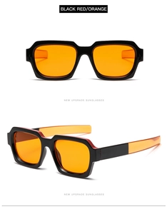 Front and side view of retro black frame sunglasses with vibrant orange lenses