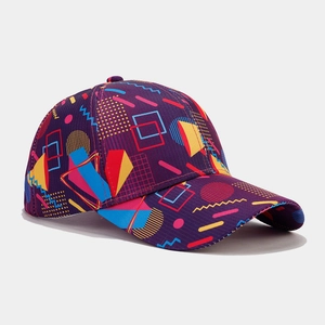 Side view of retro baseball cap with colorful geometric patterns and purple base