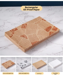 Detail view of rectangular greaseproof food wrapping paper in four various printed styles