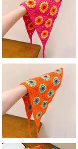 Gros plan d'un bandana au crochet fait main avec motif de tournesol et tissage détaillé