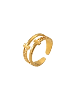 Detailed close-up of a double-layered 18k gold-plated open ring with iconic T design