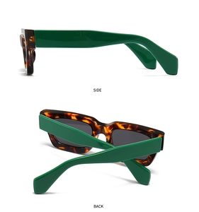 Side and back view of retro sunglasses with tortoise frame and green temples