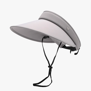 Grey UV protection sun visor hat with wide brim and adjustable black windproof chin strap