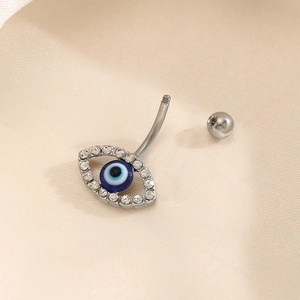 Silver stainless steel evil eye belly ring set with blue crystals and sparkling rhinestones